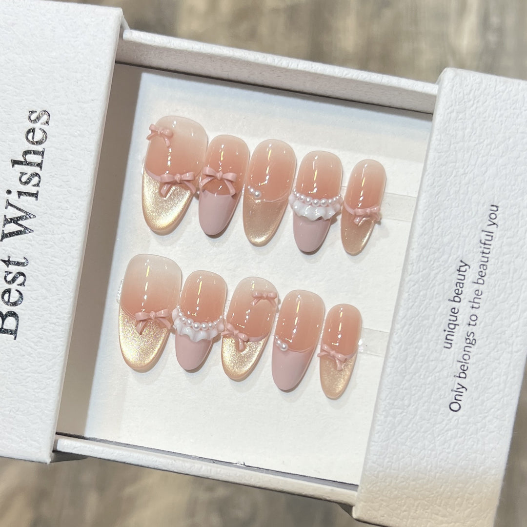 Elegant Press-On Nail Art Set with Pearl and Bow Accents Kalsten