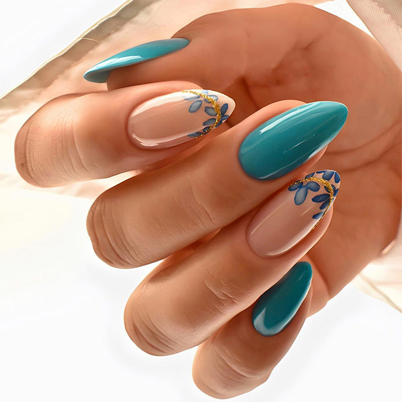Artistic Press-On Nail Set with Floral and Leaf Designs kalsten