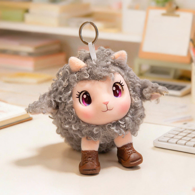 Plush Ram Keychain Charm with Curly Faux-Fur, Sculpted Face, Bell Necklace and Metal Ring Kalsten