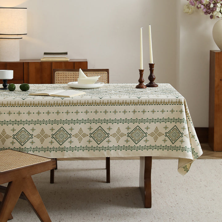 Rectangular Decorative Tablecloth made of Cotton-Linen with Woven Diamond Pattern and Antique-Inspired Border