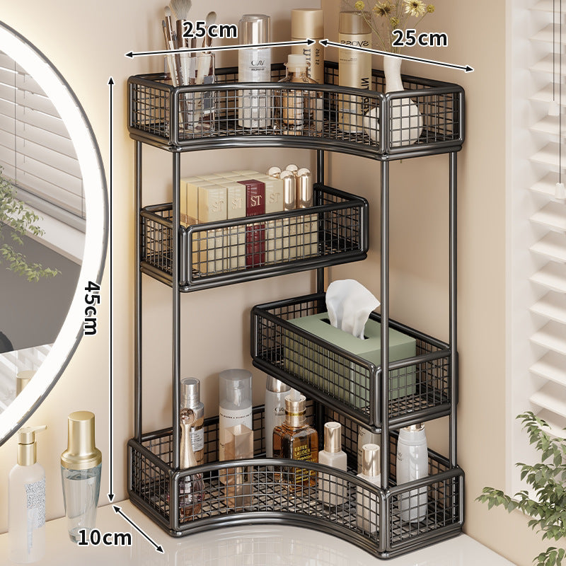Curved Corner Triple-Tier Metal Mesh Vanity and Countertop Organizer