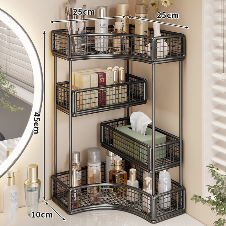 Curved Corner Triple-Tier Metal Mesh Vanity and Countertop Organizer