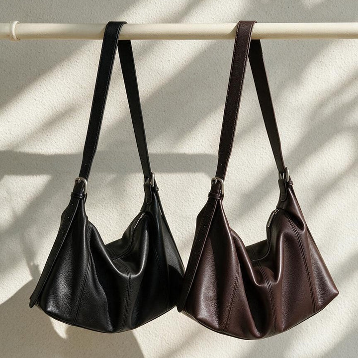 Curved-Side Pebbled Leather Slouchy Shoulder Hobo with Adjustable Buckle Straps
