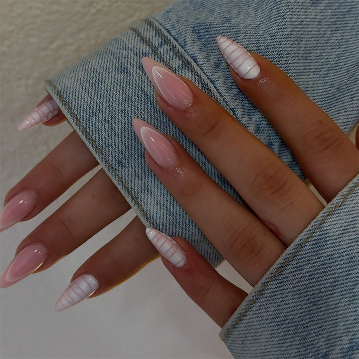 Elegant Almond-Shaped Press-On Nail Set with Striped and Solid Design kalsten