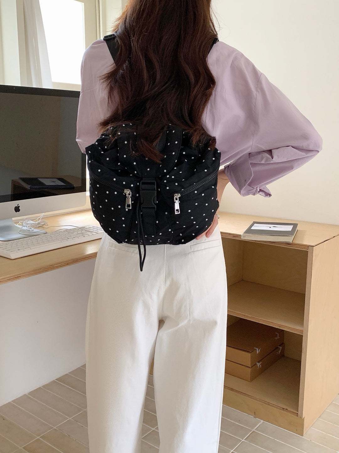 Compact Polka Dot Drawstring Backpack