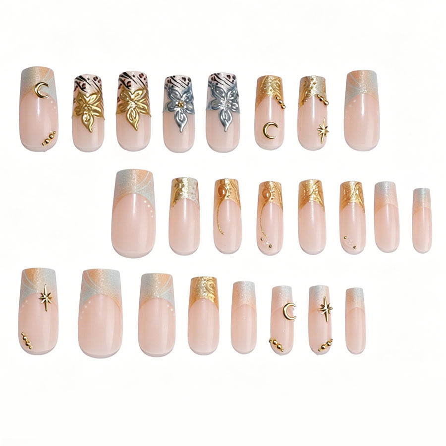 Luxurious artificial nail set with creative floral design and golden accents Kalsten
