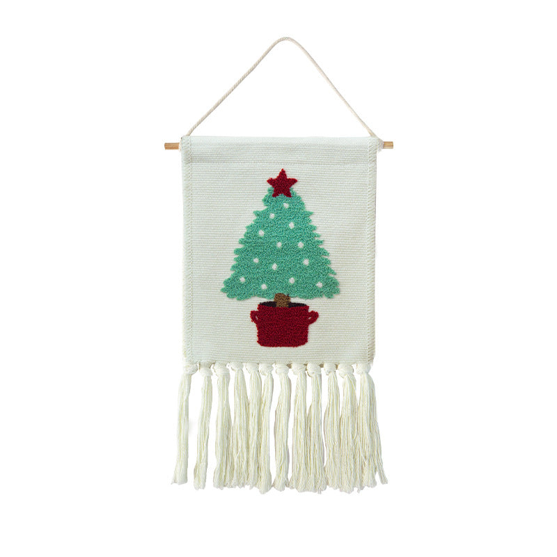 Woven cotton blend wall hanging with tufted cactus motif and cotton fringes Kalsten