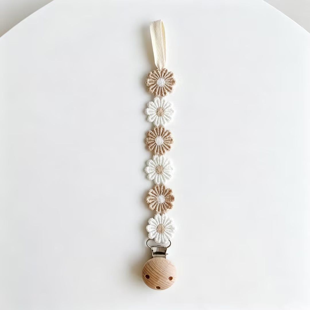 Crochet Floral Pacifier Clip with Wooden Bead Clip