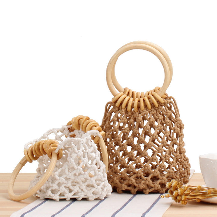 Tote bag with hand-knotted net design and wooden handle Kalsten