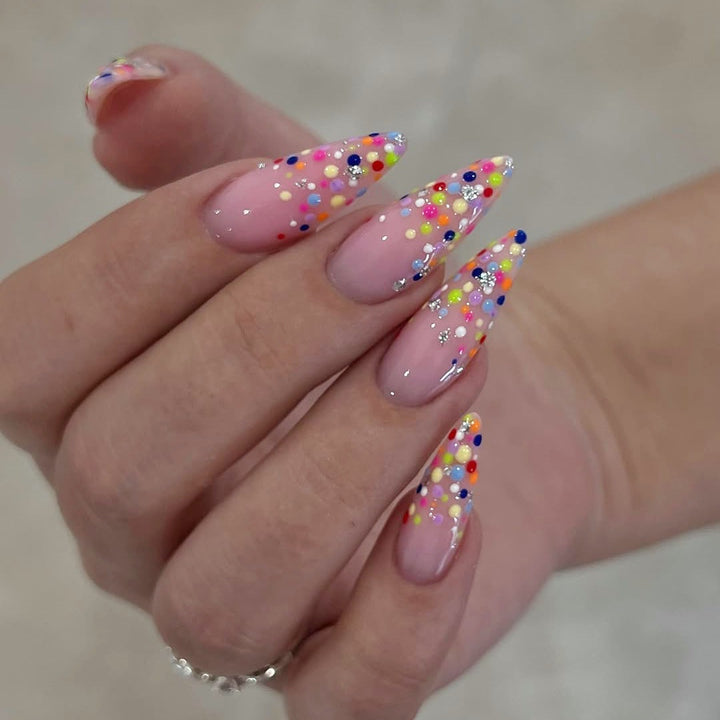 Acrylic nail set with colorful glitter dots and elegant tips Kalsten