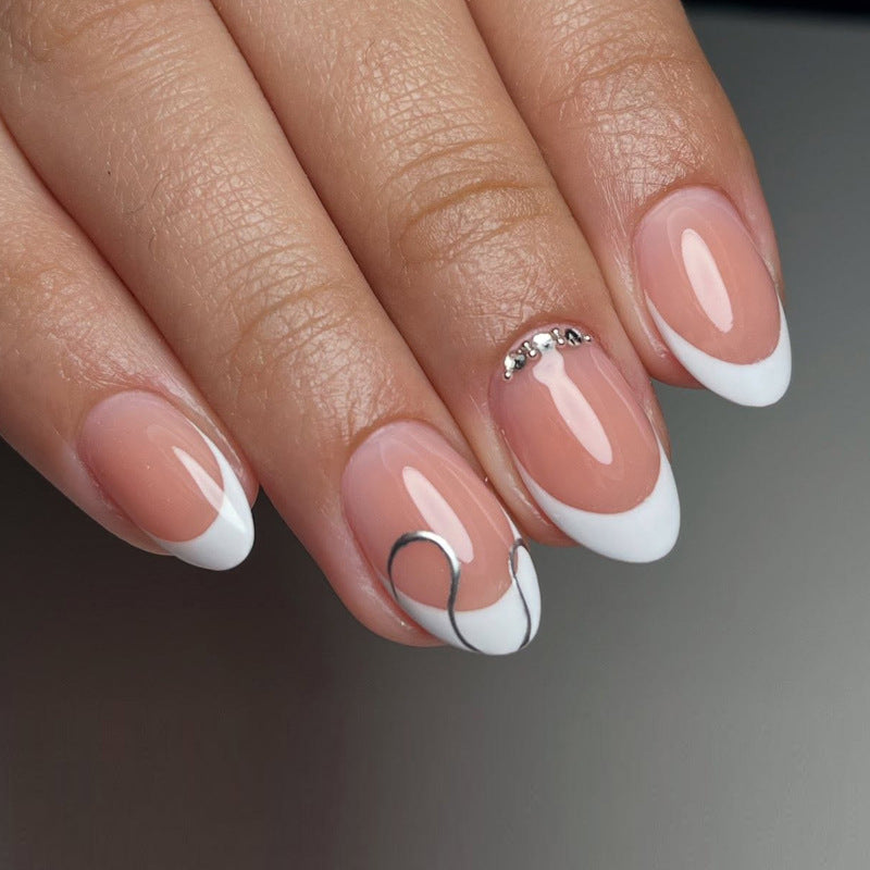 Elegant French Tip Press-On Nail Set with Decorative Accents Kalsten