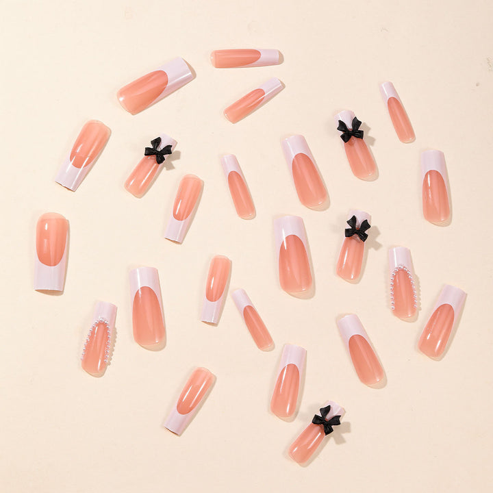 Elegant Press-On Nail Art Set with Pearl and Bow Accents Kalsten