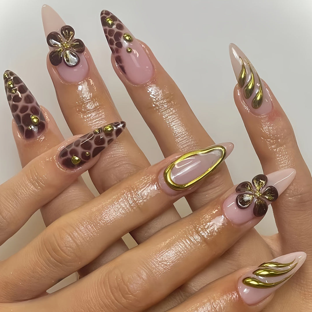 Artistic Press-On Nail Set with 3D Floral Accents Kalsten