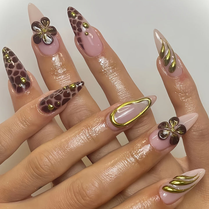 Artistic Press-On Nail Set with 3D Floral Accents Kalsten
