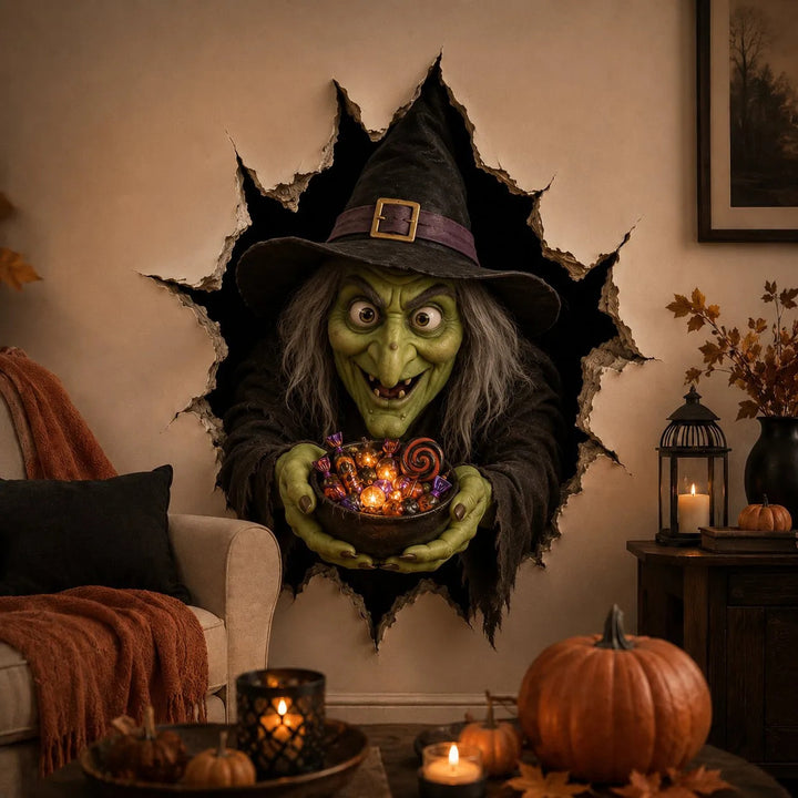Three-dimensional Halloween wall sticker witch with hole-in-wall effect and pumpkin lantern