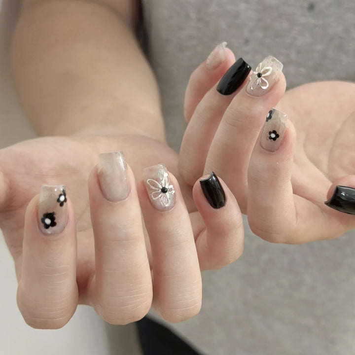 Artistic Press-On Nail Set with Floral and Speckled Design Kalsten