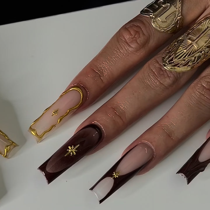 Artistic Long Press-On Nail Art Extensions with Gold Detailing Kalsten