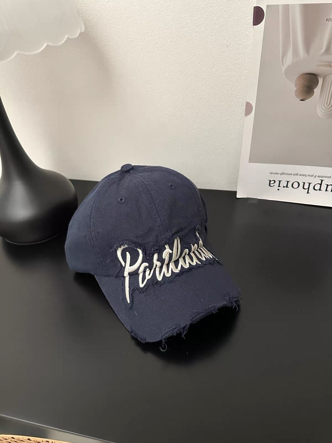 Distressed Denim Baseball Cap with Embroidered Text