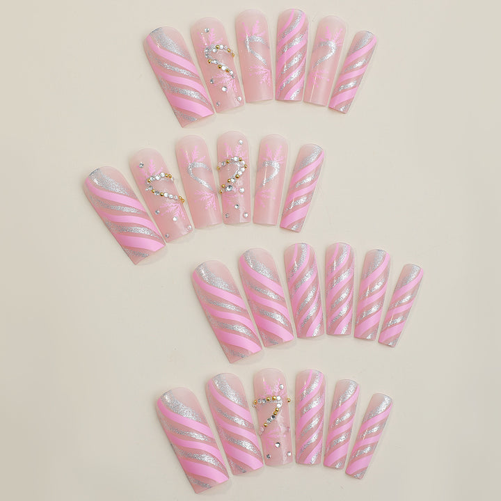 Decorative Press-On Nail Set with Exquisite Glitter Ribbon Design kalsten