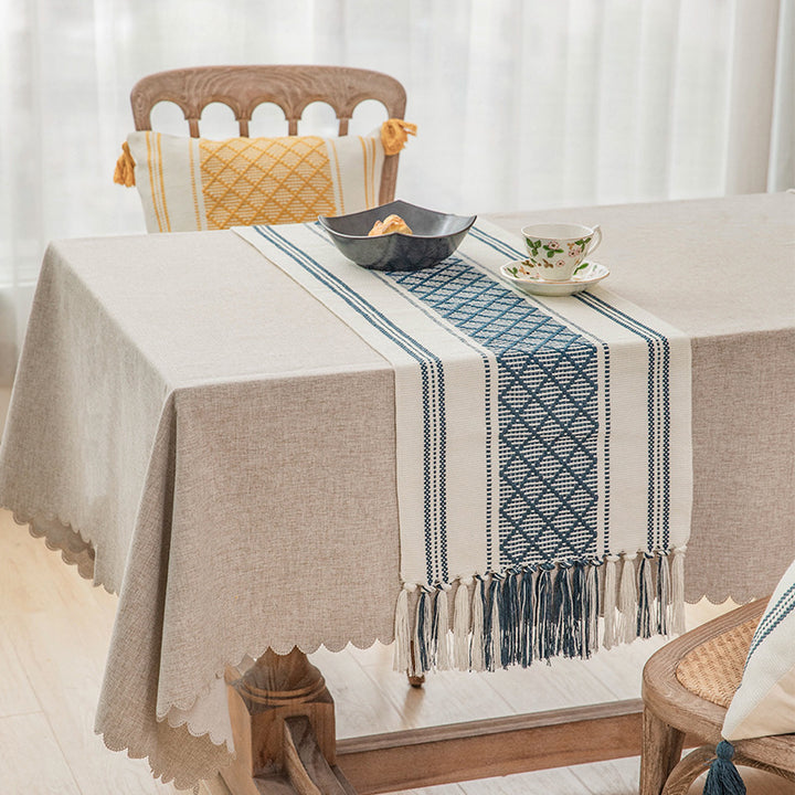 Handwoven cotton table runner with ethnic diamond pattern and fringes Kalsten