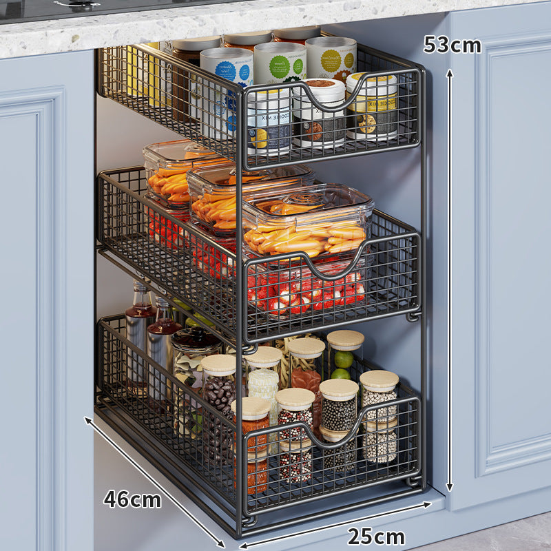 Two-Tier Metal Wire Pantry Basket Organizer with Slide-Out Drawers