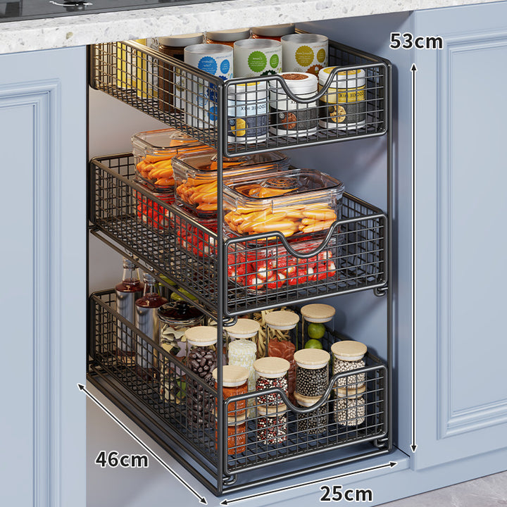 Two-Tier Metal Wire Pantry Basket Organizer with Slide-Out Drawers