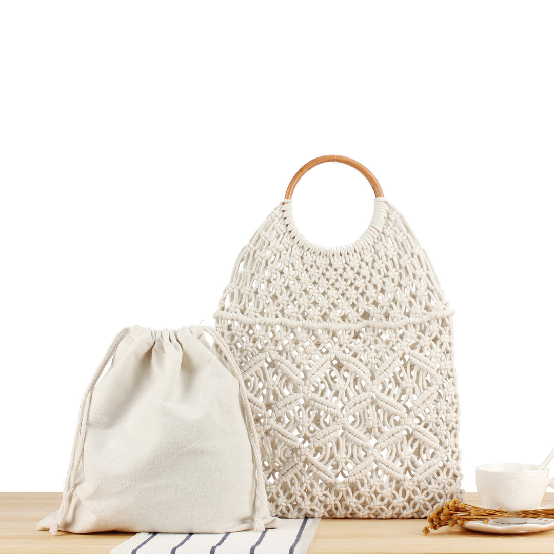 Macrame Tote Bag with Wooden Handle Kalsten