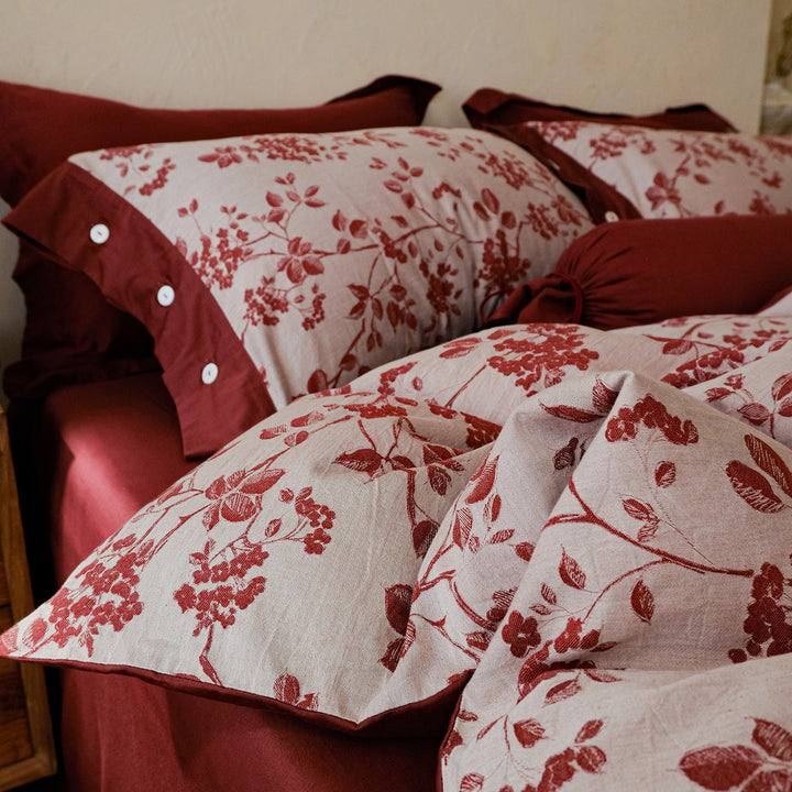 Woven bedding set made of cotton-linen mix with decorative floral jacquard and fine pillow trim