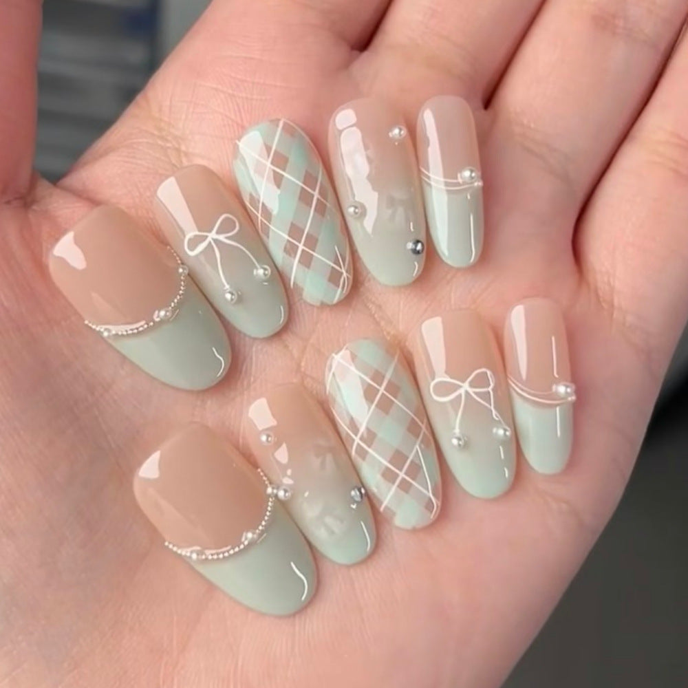 Artistic Press-On Nail Set with Floral and Gemstone Accents Kalsten