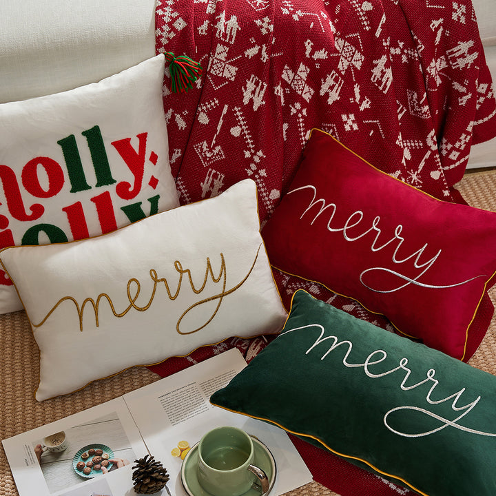 Decorative Holiday Throw Pillow with Gold Script Embroidery