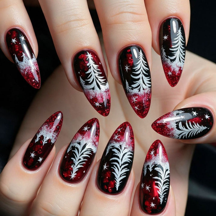 Artificial nails in elegant winter design with 3D Christmas tree motifs Kalsten