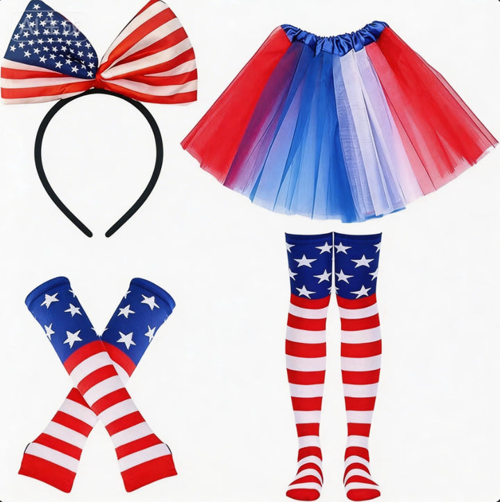Women's patriotic carnival costume set with layered tulle skirt elastic waistband bow hairband thigh-high stockings and arm warmers Kalsten