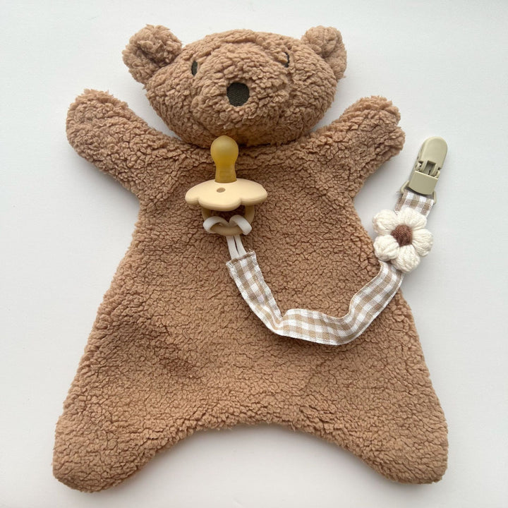 Floral Knit Pacifier Clip with Gingham Cotton Strap