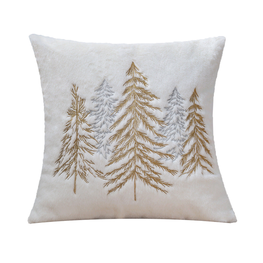 Square decorative cushion cover made of faux fur with embroidered Christmas tree motif Kalsten