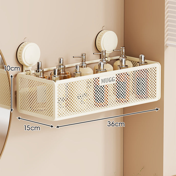 Wall-Mounted Suction Mesh Bathroom Organizer Shelf with Multi-Hook Rack