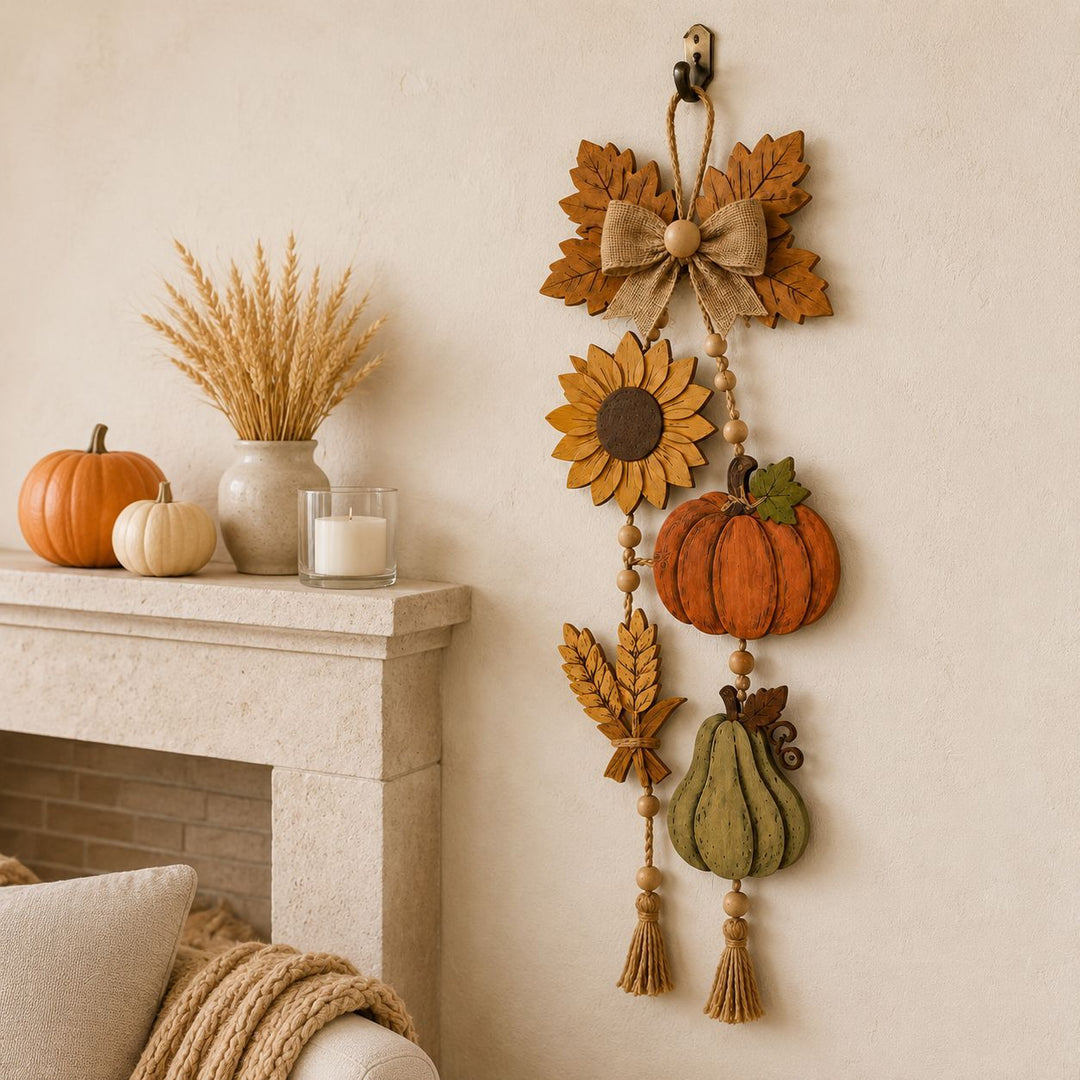 Autumn wall hanging garland in wood look with pumpkin, sunflower and tassels