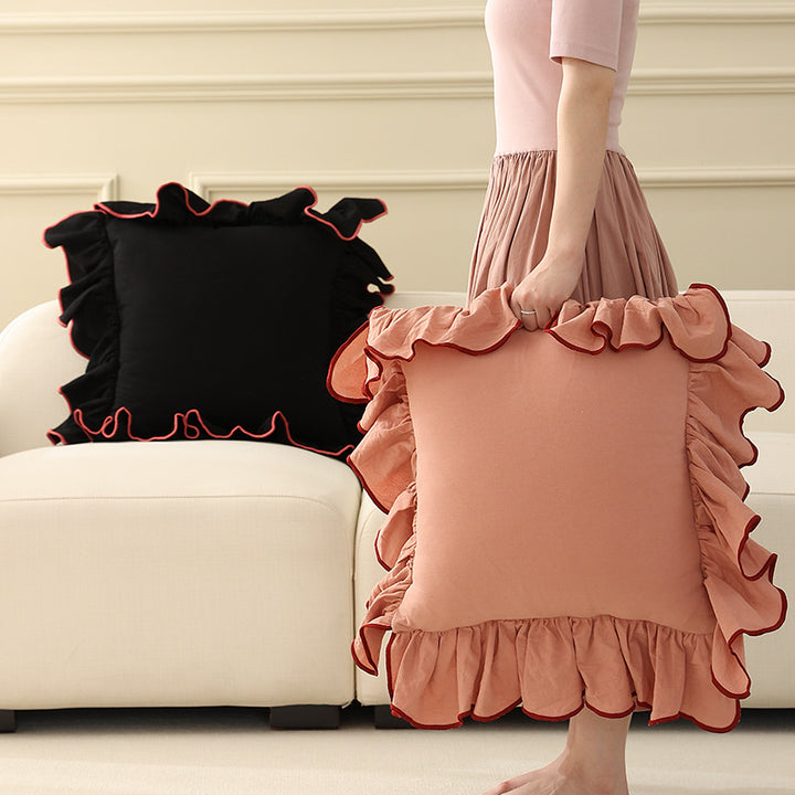 Romantic decorative cushion with gathered ruffles and linen look