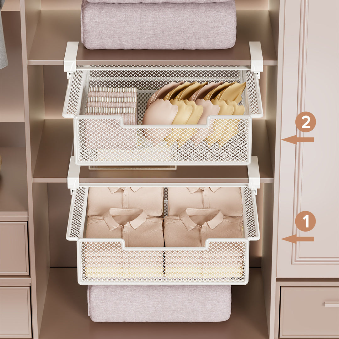 Under-Shelf Sliding Mesh Drawer Organizer with Clip-On Mount and Ventilated Metal Basket