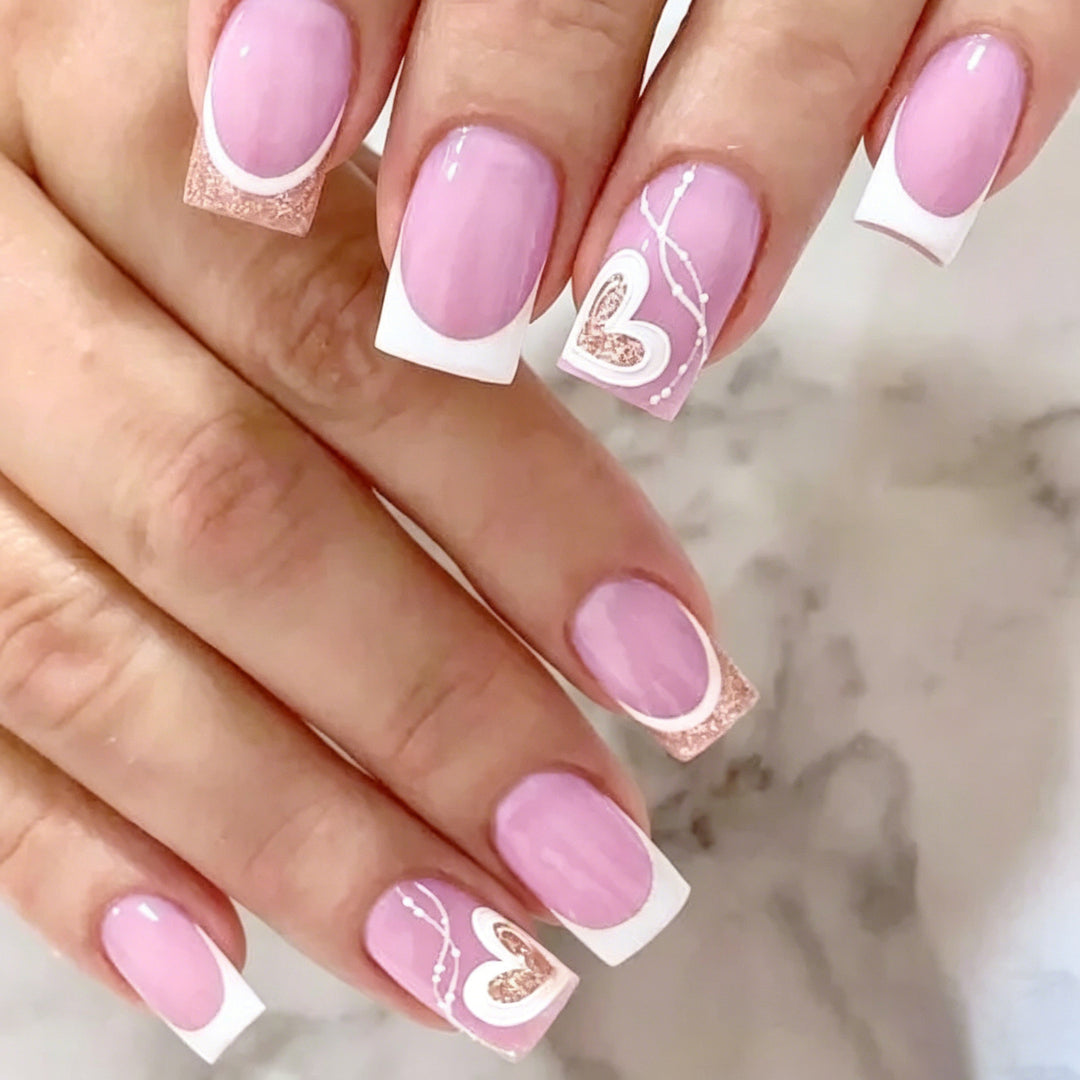 Heart-Embellished French Tip Press-On Nails Kalsten