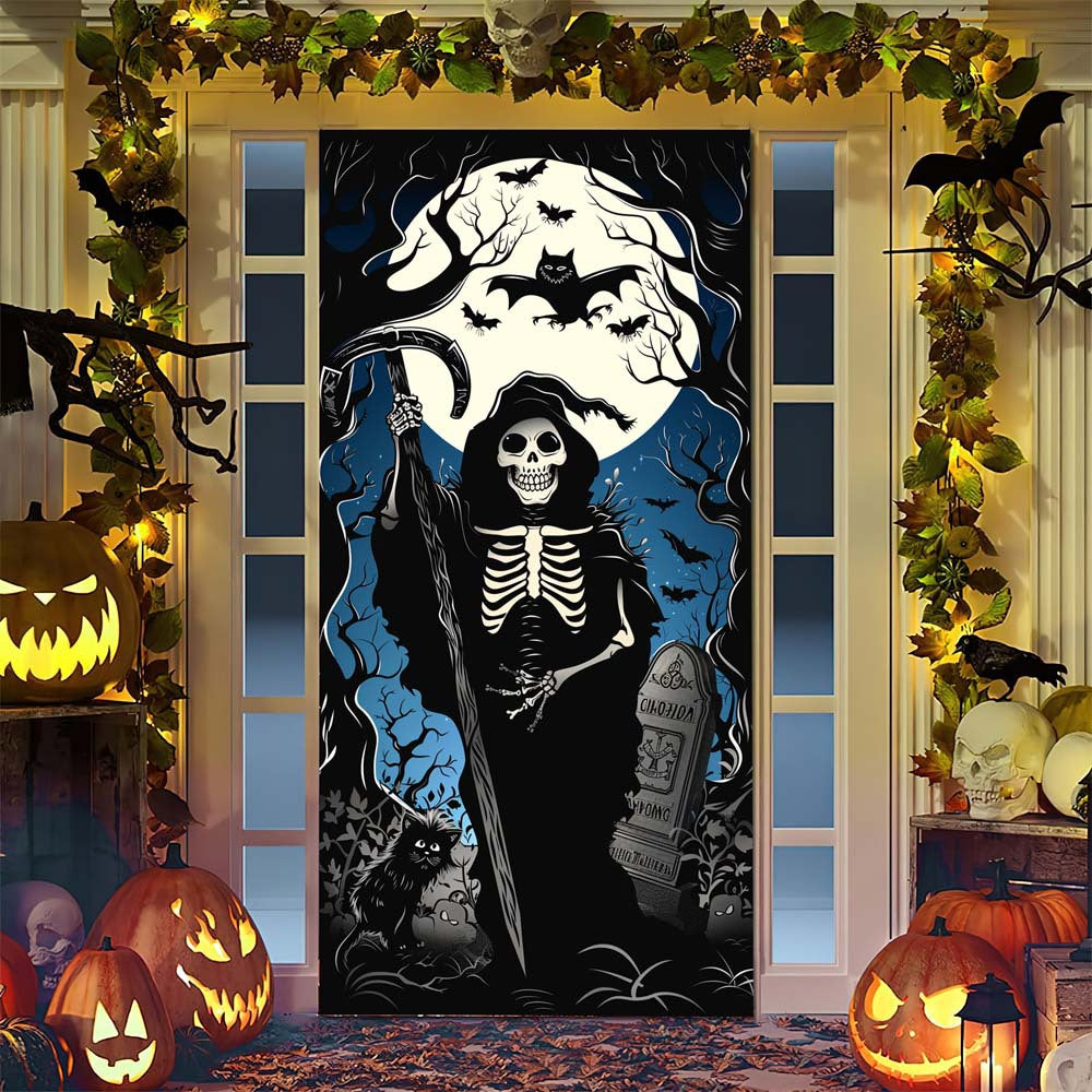 Halloween door poster with large-format Grim Reaper illustration and reusable PVC tarp fabric