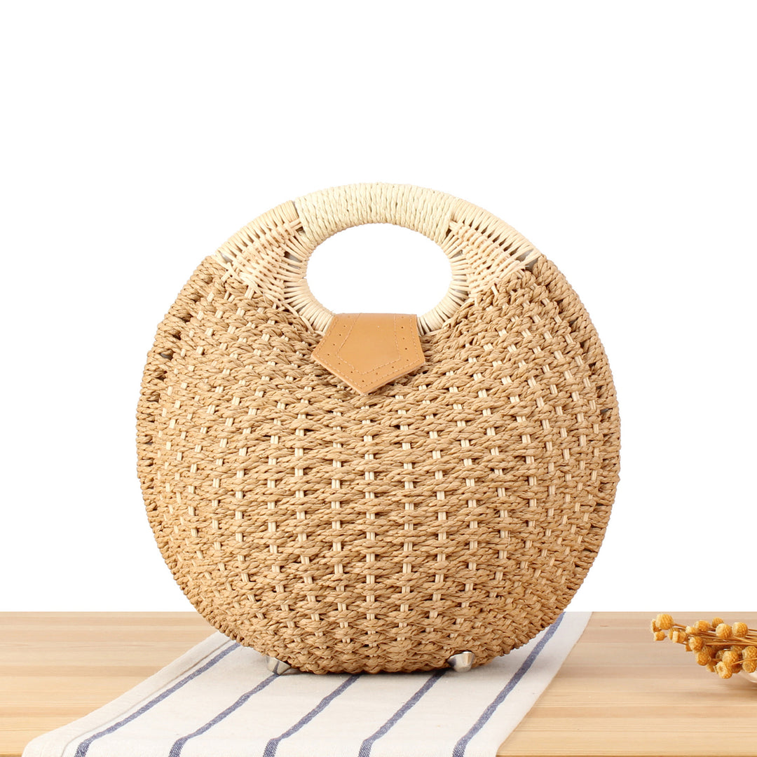 Round straw bag with elegant leather handle Kalsten