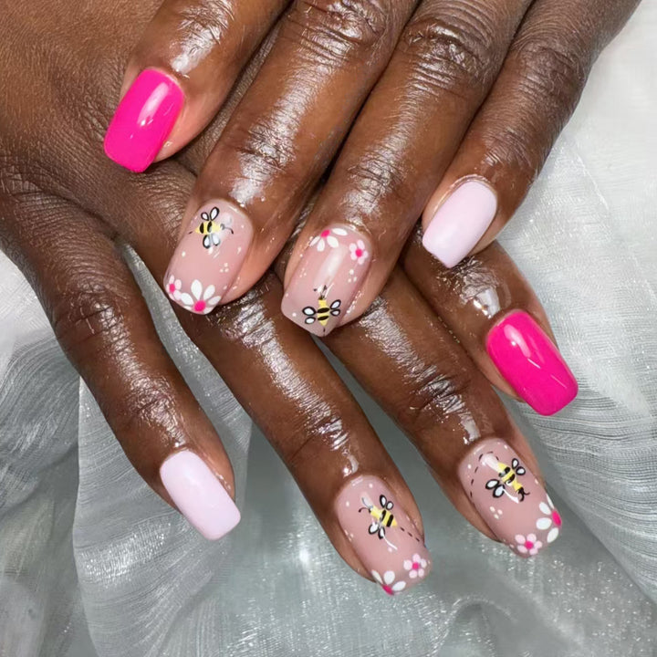 Artistic Floral Bee-Inspired Nail Art Set