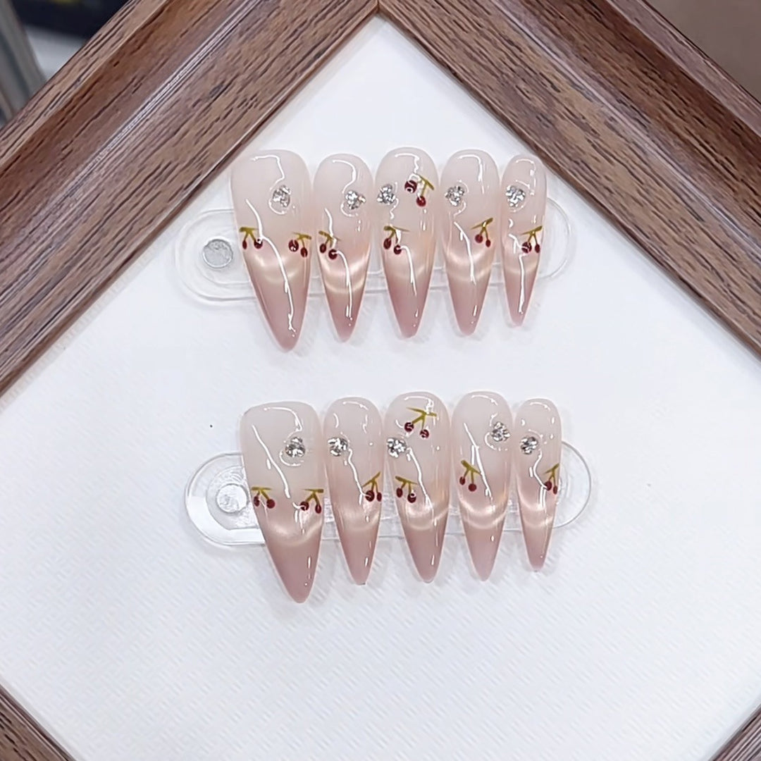 Artistic Press-On Nail Set with Cherry Blossom Design Kalsten