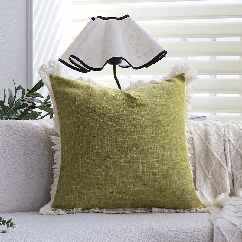 Square decorative pillow cover made of cotton blend with relief rectangular tufts and fringed edge Kalsten