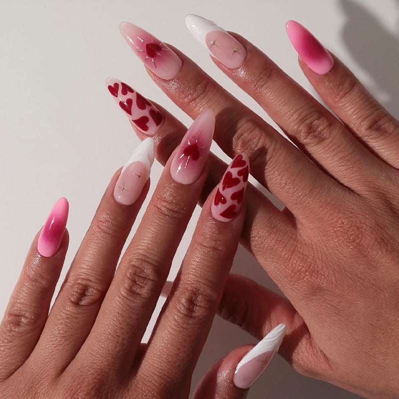 Artistic Press-On Nail Set with Gradient and Heart Patterns kalsten