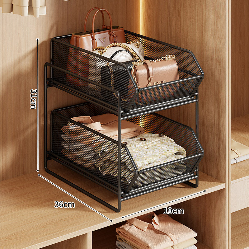 Double-Layer Metal Mesh Pull-Out Closet Organizer for Handbags and Folded Clothing