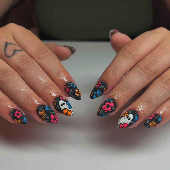 Creative Art Nails with Skull and Colorful Flower Design Kalsten