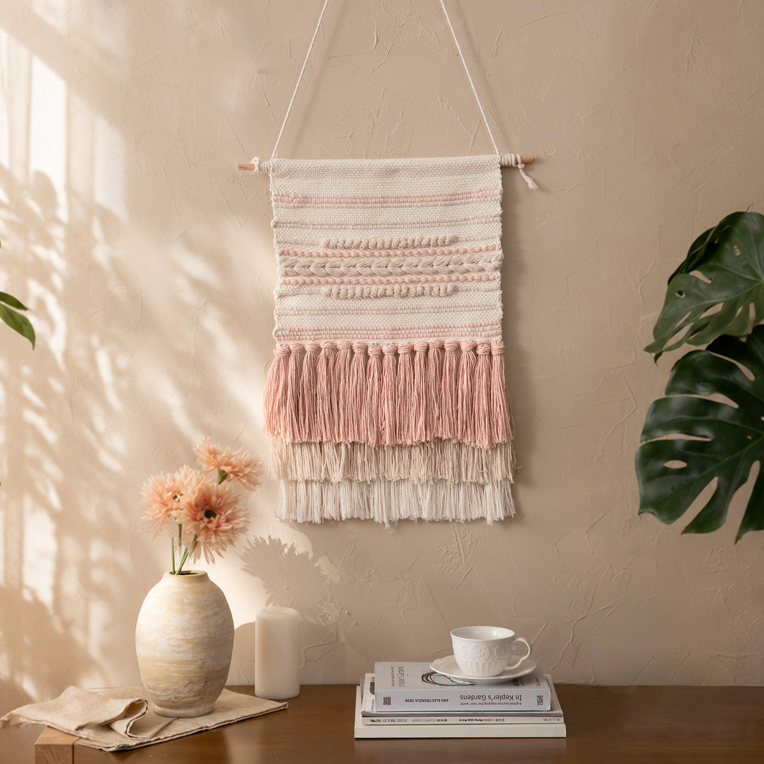 Boho Wall Hanging Macrame with Hand-Knotted Fringes and Woven Cable Patterns Kalsten