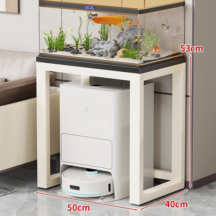 Gold Metal Aquarium Console Table with Faux Marble Top and Robot Vacuum Storage
