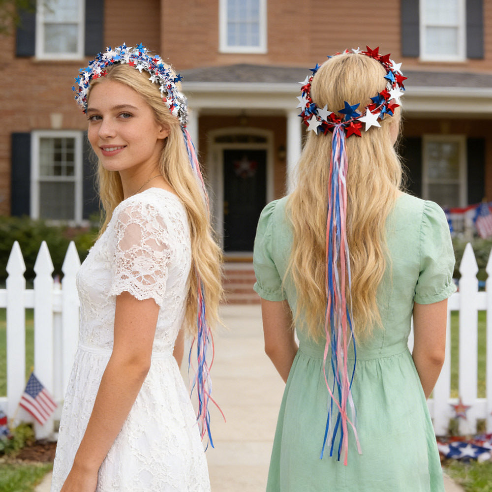 Independence Day star hoop streamer hanging decoration with metallic star garland and cascading ribbon tails Kalsten